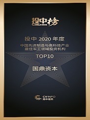 连续两年荣获“投中2019、2020年度榜单” 中国先进制造与高科技产业最佳军工领域投资机构TOP10， 中国最佳中资创业投资机构TOP50，中国最佳创业投资机构TOP100